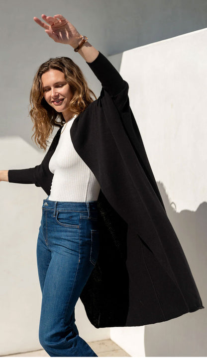 Chelsea Kimono in black on a model wearing jeans and a white tee 