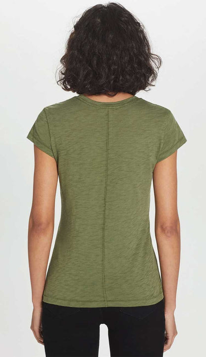 Person wearing a green t-shirt on a white background