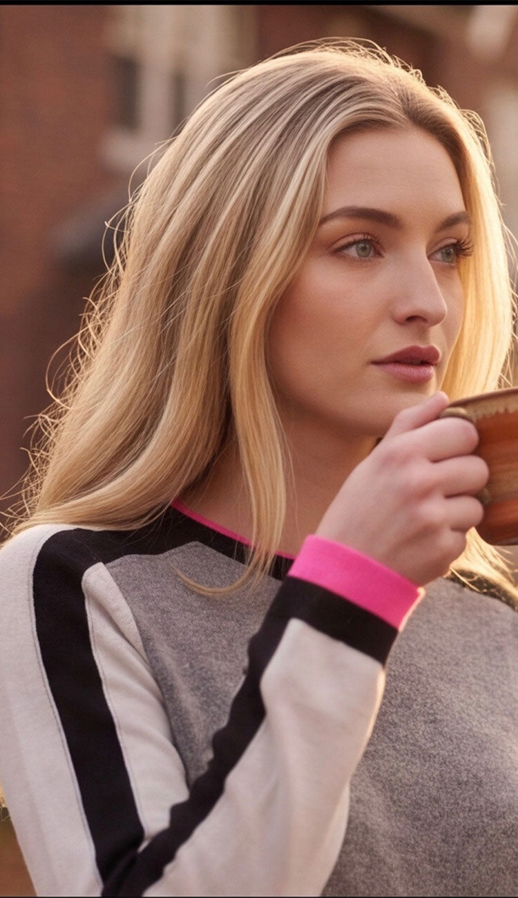 woman wearing grey sweater with a black strips and hot pink accents drinking a cup of coffee