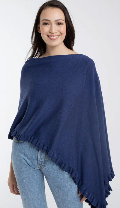 Alashan Cashmere Cotton Cashmere Dress Topper with Mini Ruffle Trim in Midnight Navy Blue | Paula & Chlo