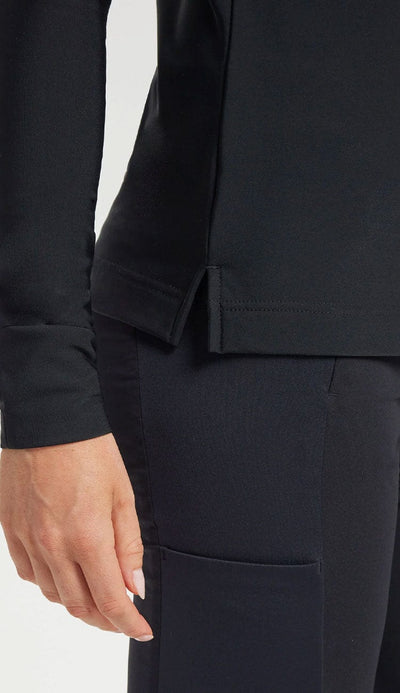 The Cozy Lessie Pullover by Anatomie in black with an asymmetrical design-detail view at Paula & Chlo