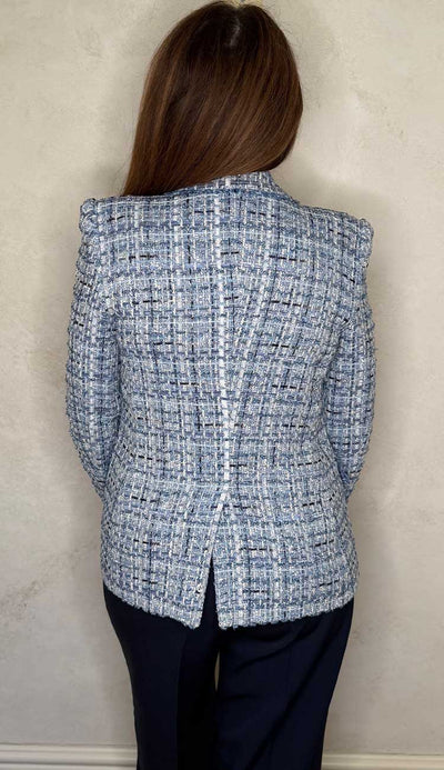 Eliza Tweed Blazer mixed blue by generation love at paula and chlo front view with the alexa suiting pants in navy.back view