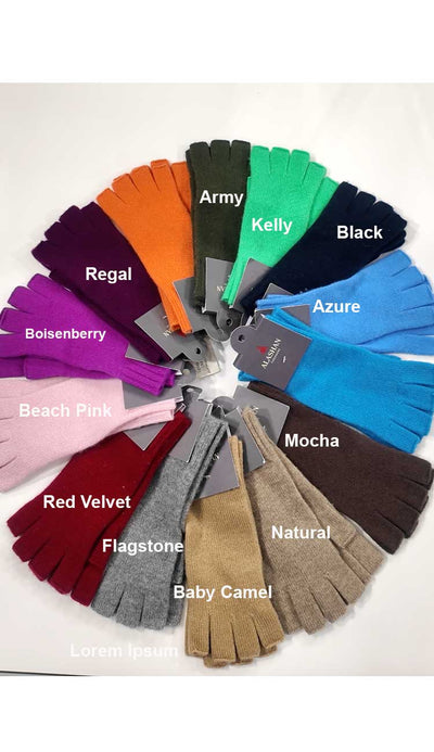 Collection of colorful fingerless gloves with labels on a white background