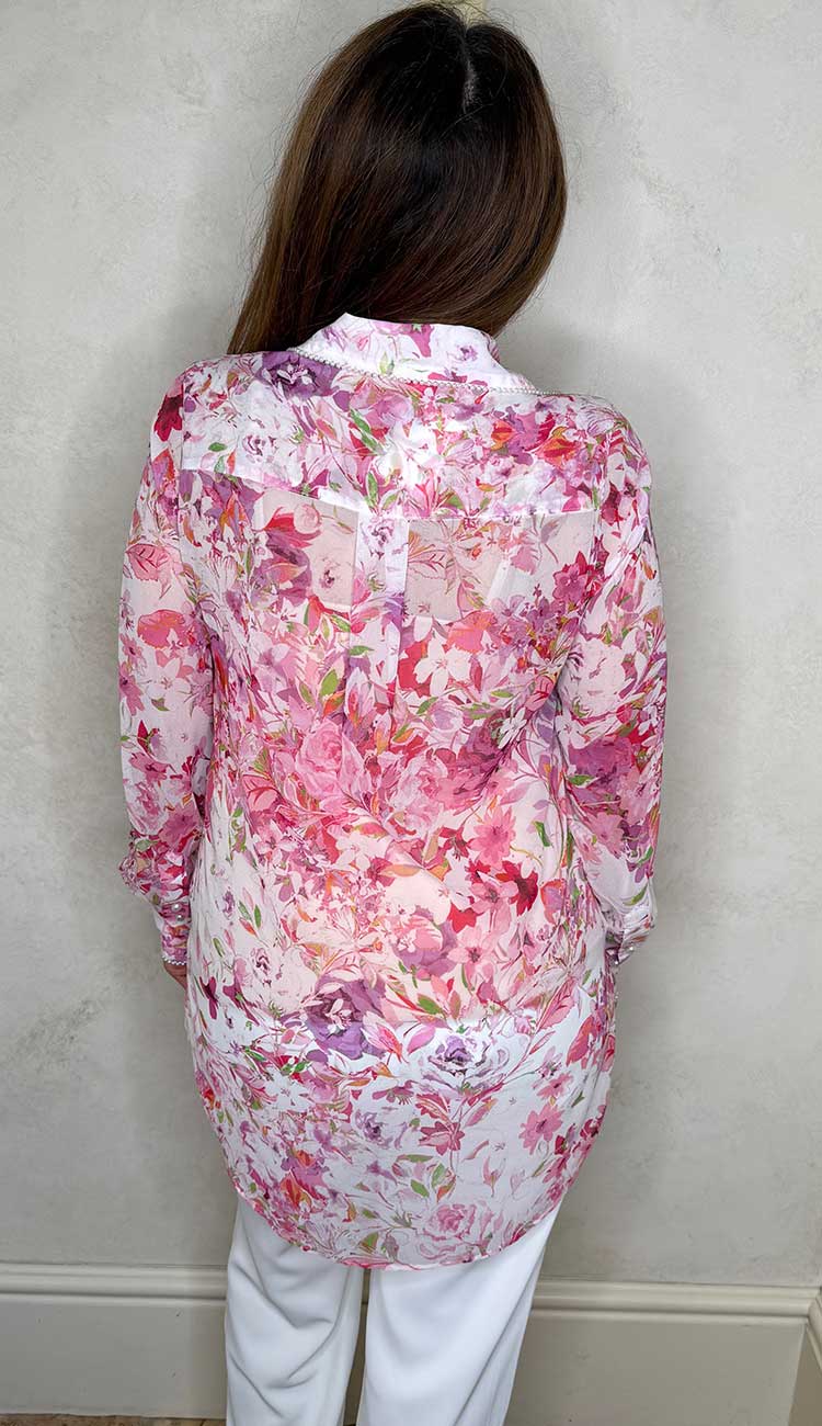Generation love  mercy floral gorgette shirt with white pants back view