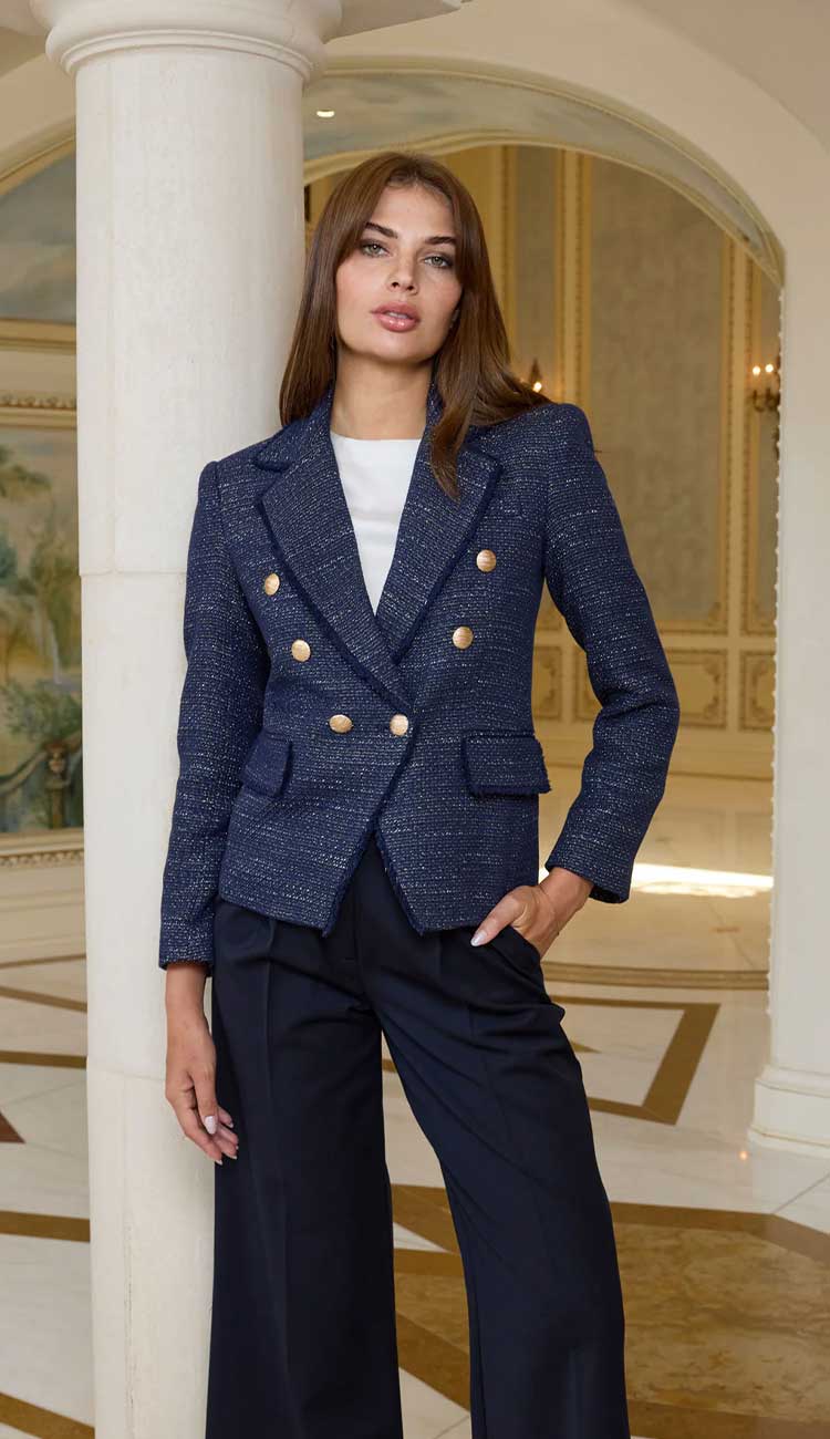 Eliza Tweed Navy and Gold Blazer by Generation Love - Paula & Chlo 
with navy suiting pants