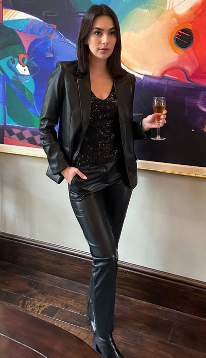 Alexandra Vegan Leather Pants with sequin top and Milan Blazer Paula & Chlo