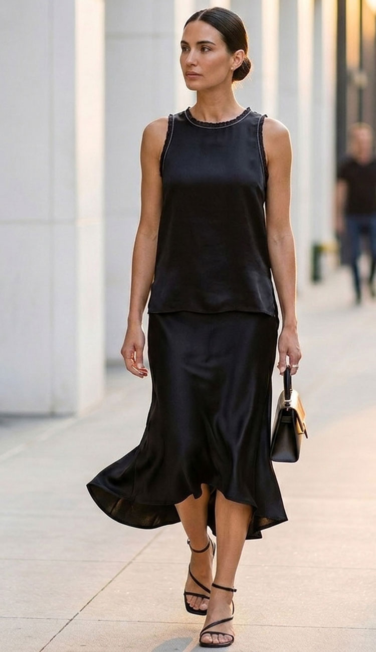 Woman wearing the black go silk decompress sleeveless top with the go silk slope skirt walking outdoors