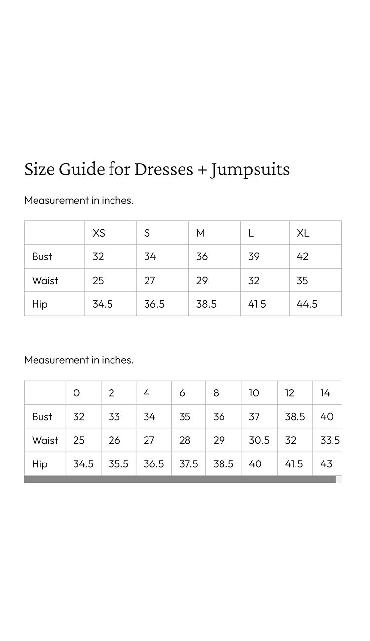 Go Silk - Size guide for dresses and jumpsuits with measurements in inches.