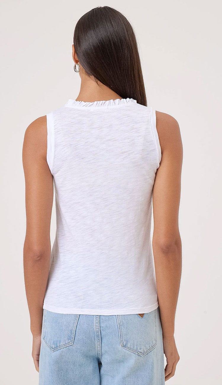 Madelyn Tee by Goldie in white, sleeveless Pima cotton tank with subtle ruffle neckline detail. Back view