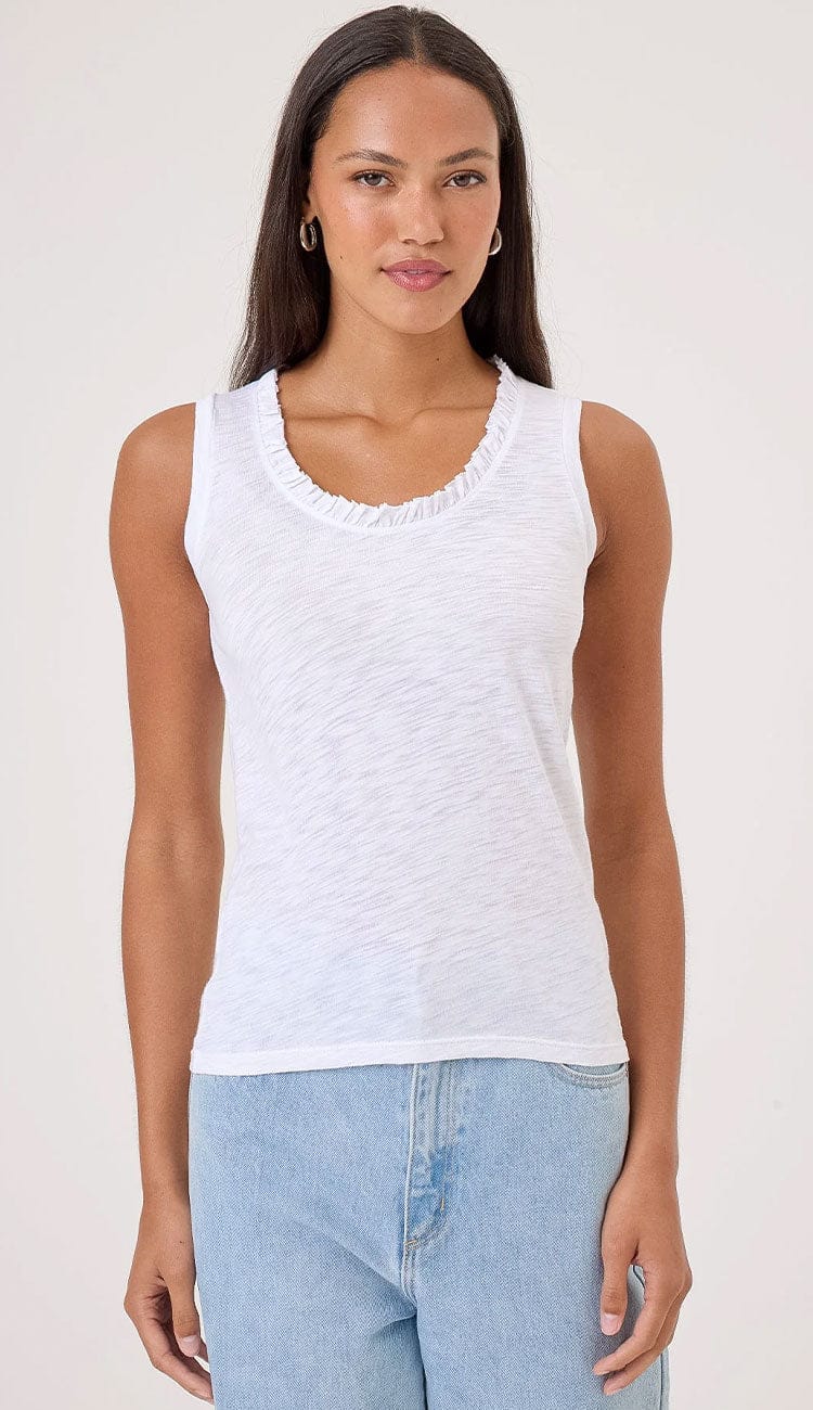 Madelyn Tee by Goldie in white, sleeveless Pima cotton tank with subtle ruffle neckline detail.