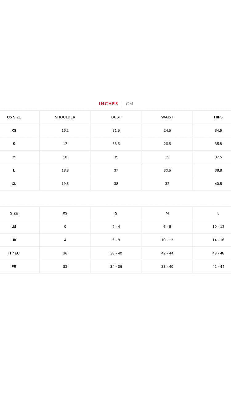 Goldie Size chart for clothing measurements in inches and centimeters on a white background