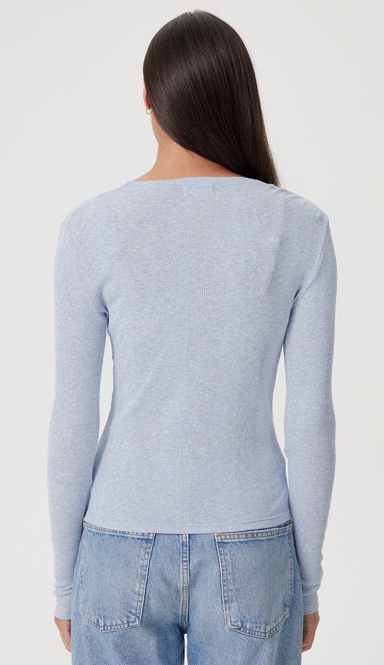 Goldie Valerie Tee in blue heather, long-sleeve rib knit V-neck with button detail back view
