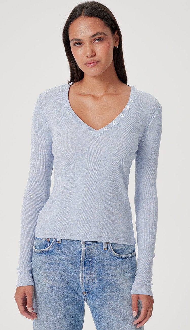 Goldie Valerie Tee in blue heather, long-sleeve rib knit V-neck with button detail