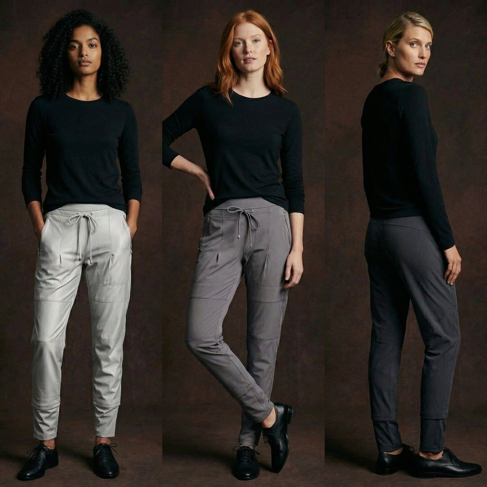 Three women wearing Raffaello Rossi Candy Pants in light, medium, and dark grey tones, styled with black tops