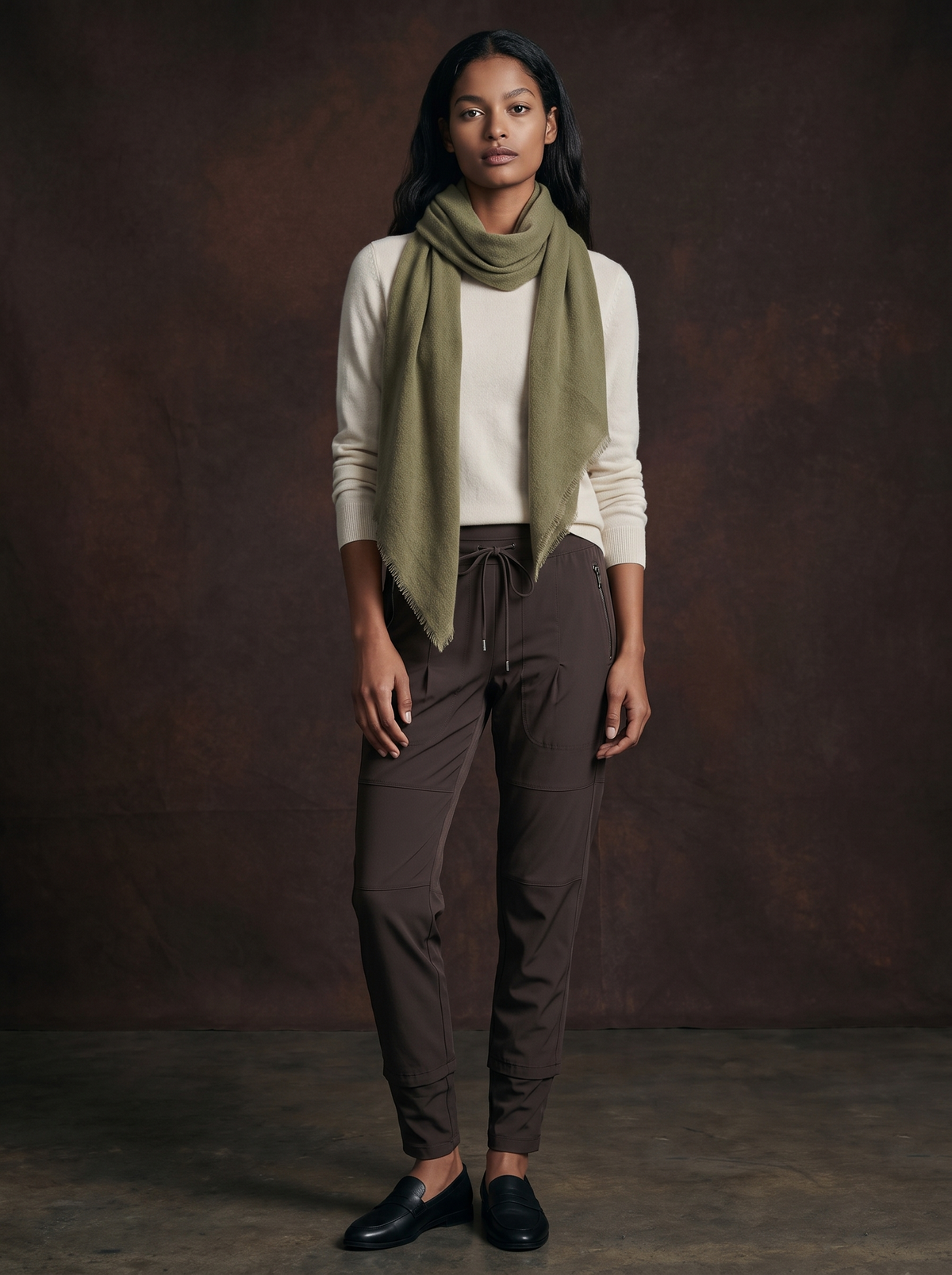 Model styled in Raffaello Rossi Candy Pants with a Goldie tee and Grisal scarf, showcasing women’s designer fashion.
