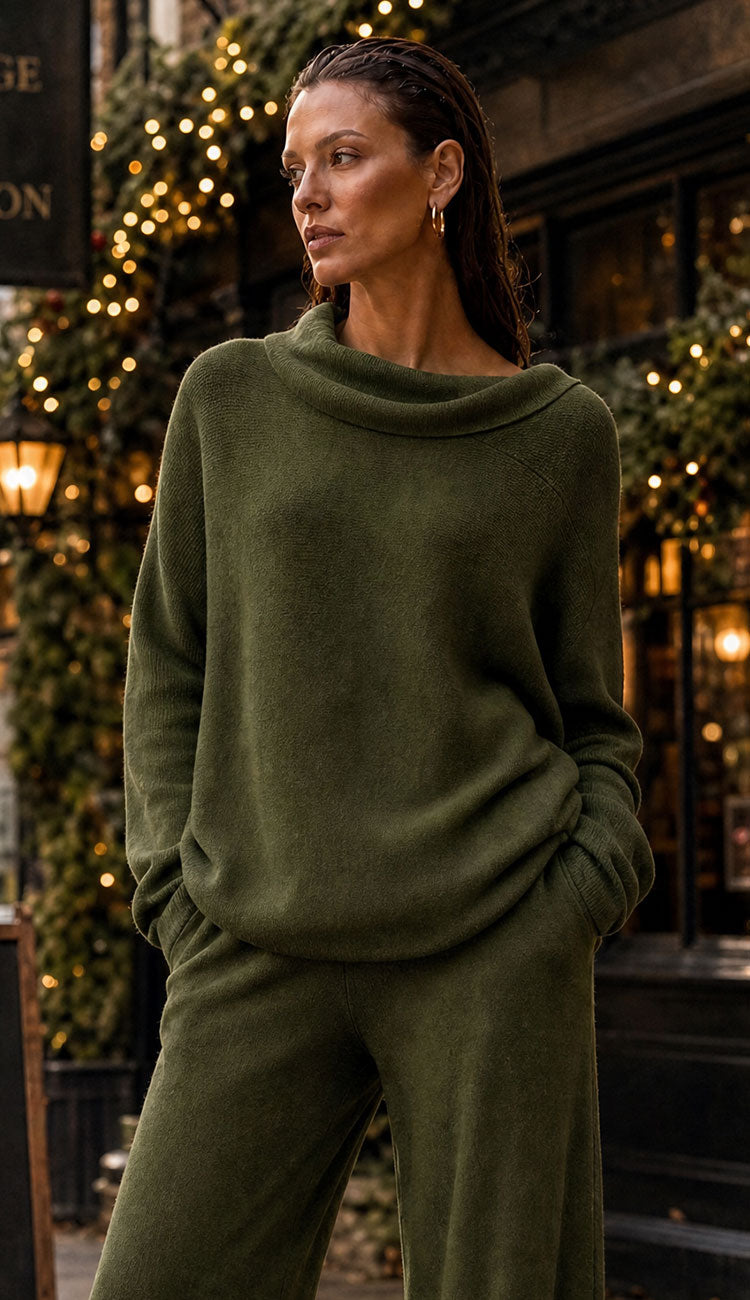 Italian Olive Sweater on a woman wearing  olive pants on a street with white twinkle lights 

