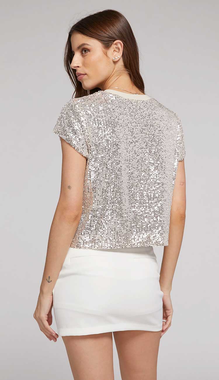 Kai Sequin Top in silver champagne by generation love. The perfect sequin top to dress up or down. Back View Paula & Chlo