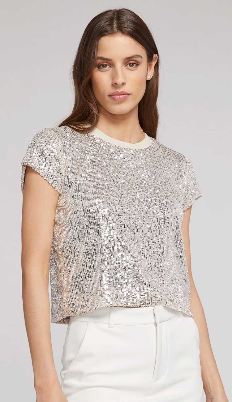 Kai Sequin Top in silver champagne by generation love. The perfect sequin top to dress up or down.  DETAIL VIEW Paula & Chlo