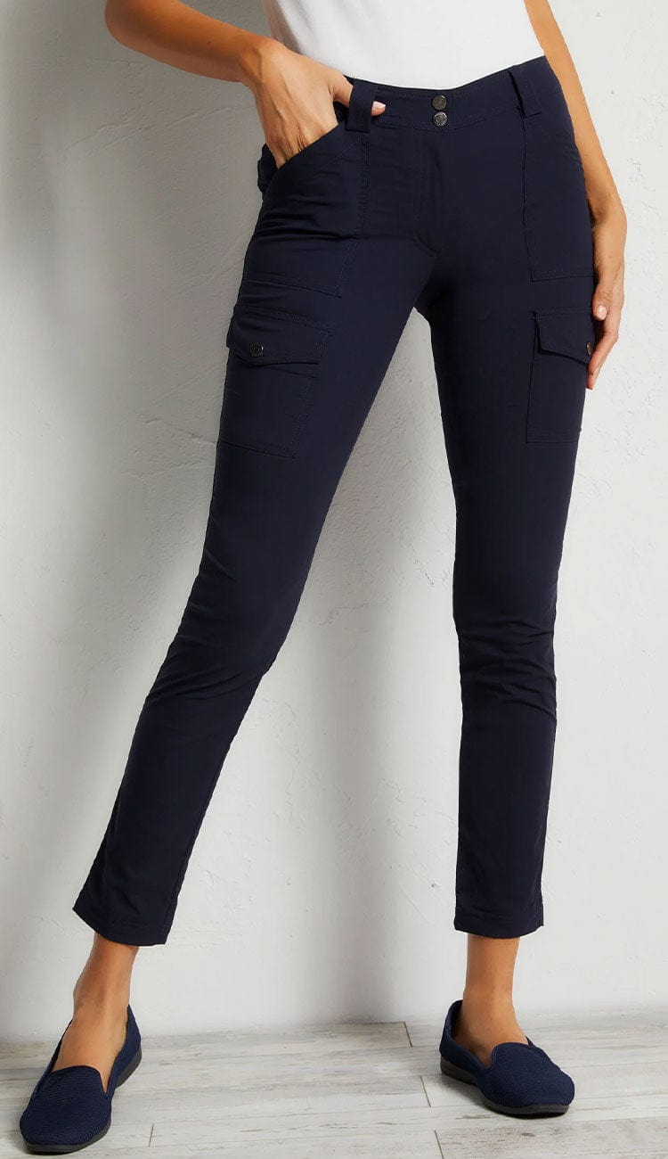 anatomie navy kate cargo pants front view with white tee and navy shoes