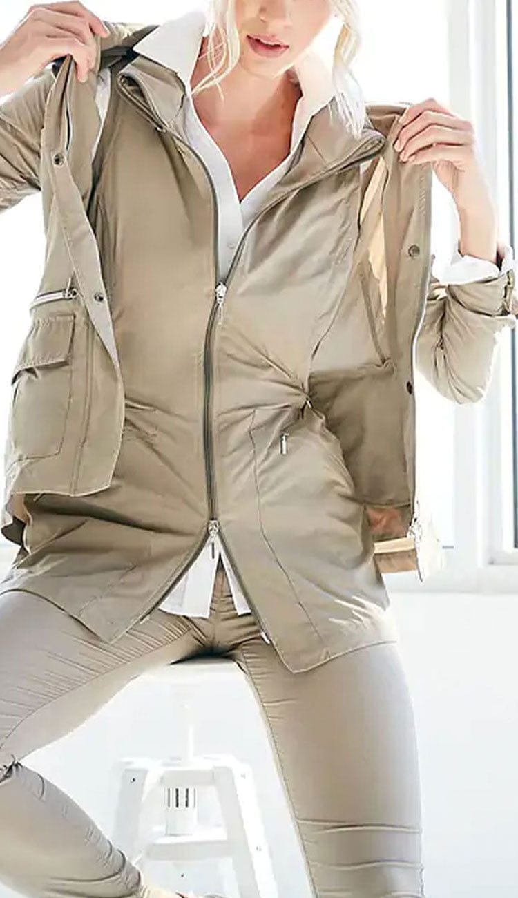 Anatomie Kenya Safari Jacket in Khaki. The perfect travel jacket shown with the Delaney Vest and the Kate Pant- shop Paula & Chlo