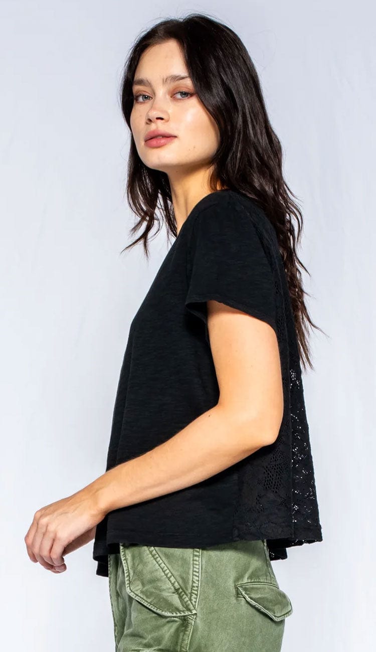 Crew Crop Boxy Slub Tee Lace Back in Black - Side view- Paula & Chlo