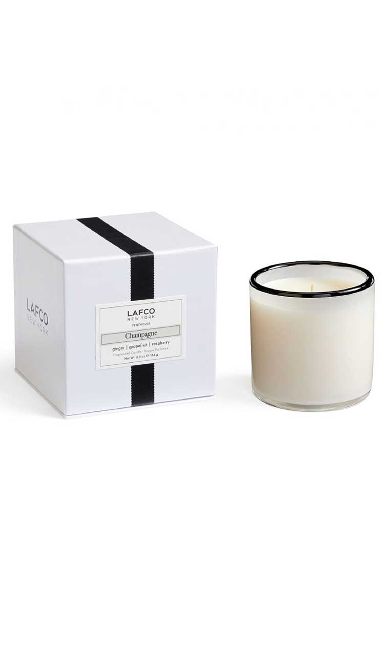 lafco champagne candle and box on white background