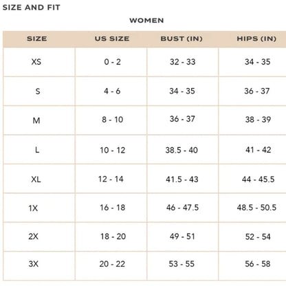 Size and fit chart for women's clothing, detailing measurements for bust and hips across various sizes.