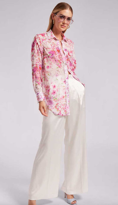 Mercy Floral Georgette Short in Floral Pink with pearl trimmed collar. Shown with the Alexia Satin Pants - Paula and Chlo - shown with Alexia Satin Pants 
