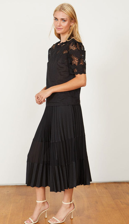 Mia Pleated Black Mesh Panel Skirt by Caballero at Paula & Chlo