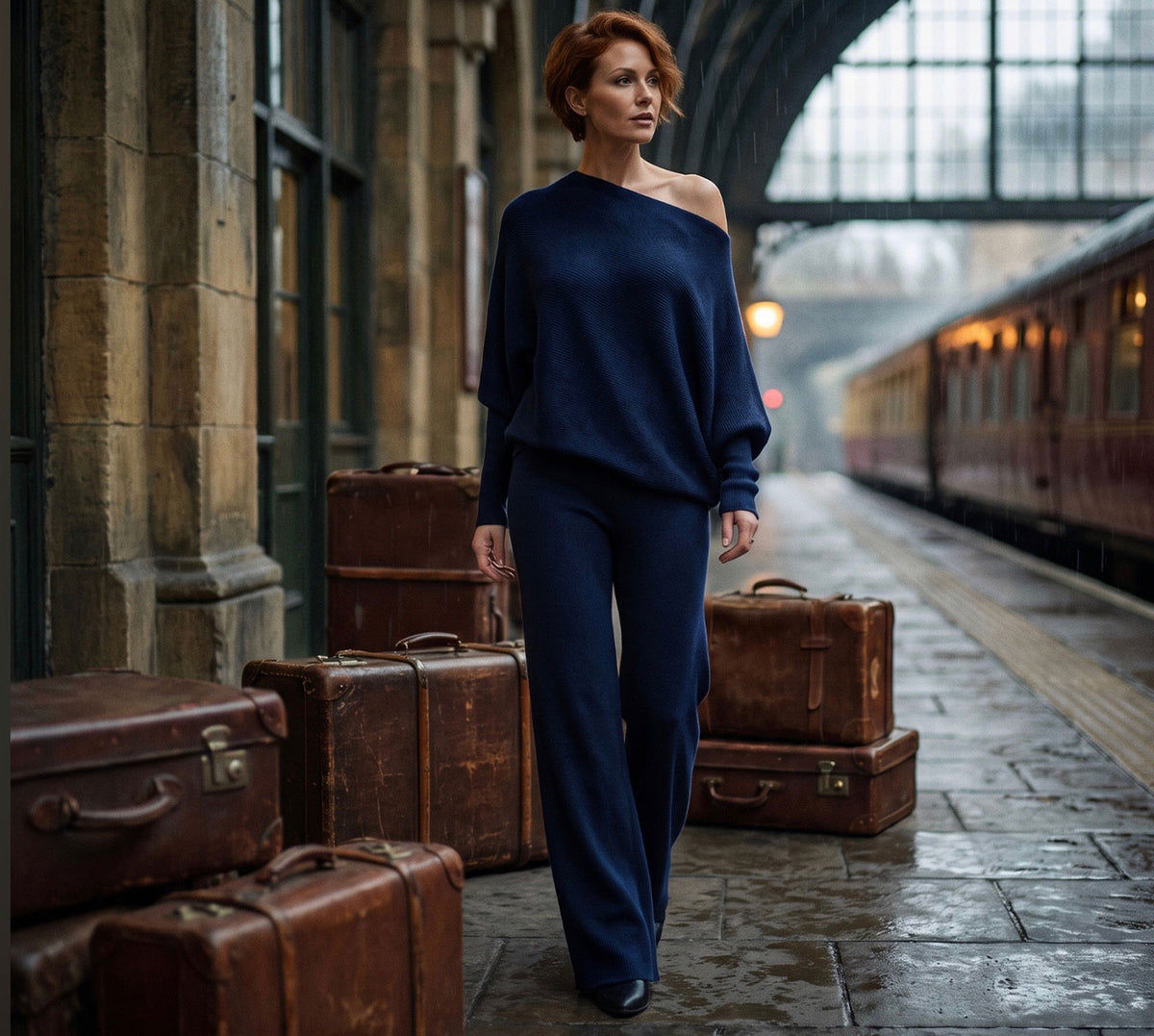 woman wearing Milio Milano Asymmetrical Sweater and Viscose Flair Pants set in Navy at a traom station