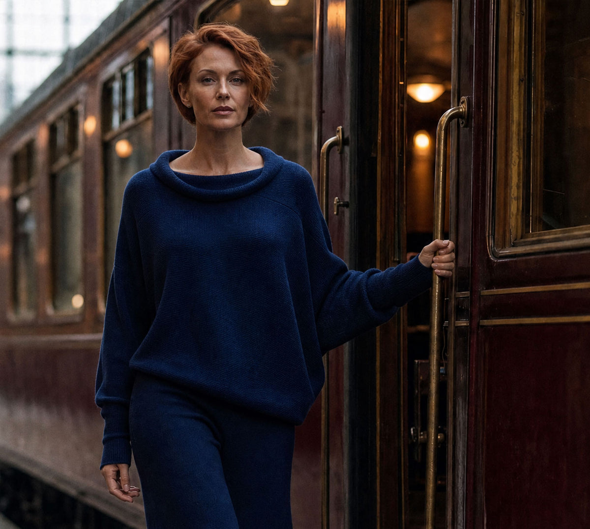 Woman wearing the Milio Milano Asymmetrical Sweater and Viscose flair pant set in navy cowel neck style 