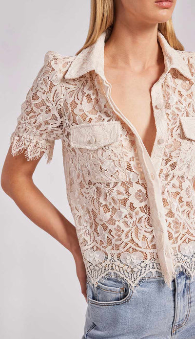 Mina Lace Shirt in French Beige by Generation Love detail view at Paula & Chlo