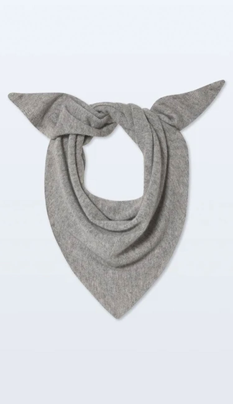  A white and warren cashmere neckerchief mini scarf in a soft greyon a white background - tied laying flat