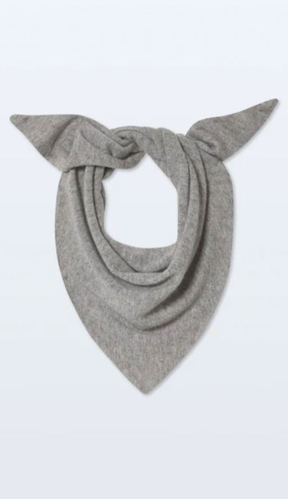  A white and warren cashmere neckerchief mini scarf in a soft greyon a white background - tied laying flat