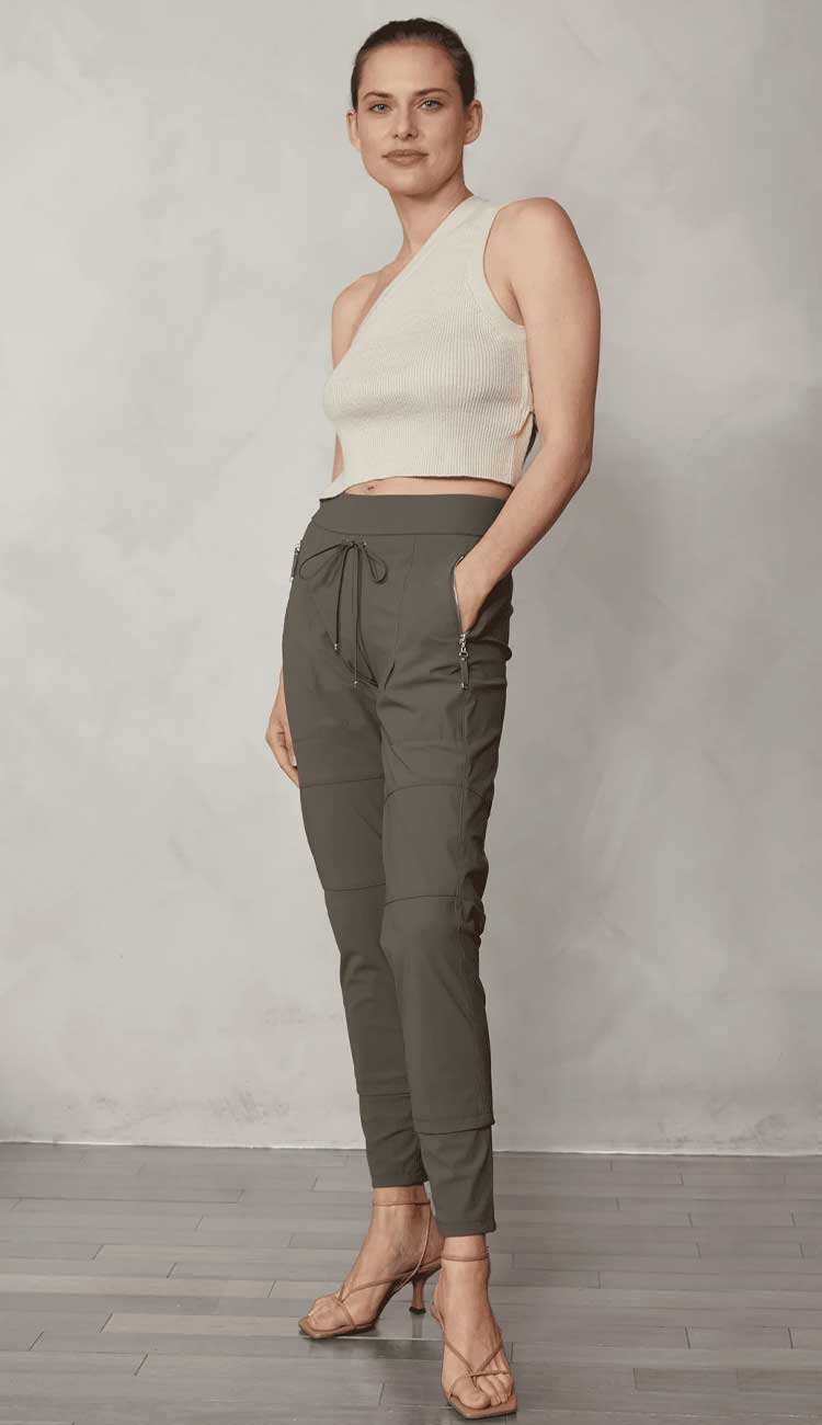 Raffaello Rossi Candy Pant in olive women’s slim jogger pant with drawstring waist and zip pockets