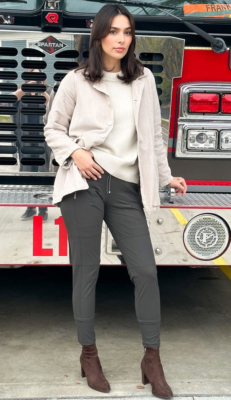 Raffaello Rossi Candy Pant in dark olive, women’s slim jogger pant with drawstring waist and zip pockets