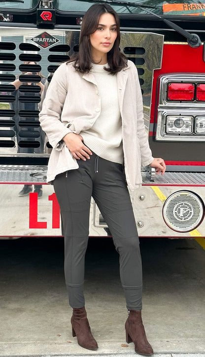 Raffaello Rossi Candy Pant in dark olive, women’s slim jogger pant with drawstring waist and zip pockets