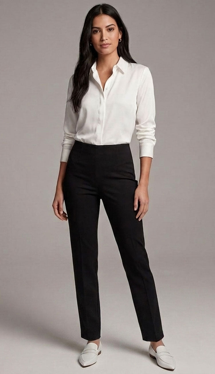 Woman wearing a white shirt and black Raffaello Rossi Penny pants against a gray background