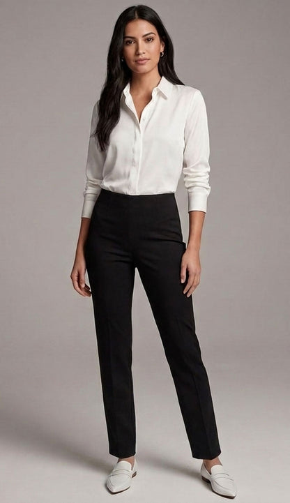 Woman wearing a white shirt and black Raffaello Rossi Penny pants against a gray background