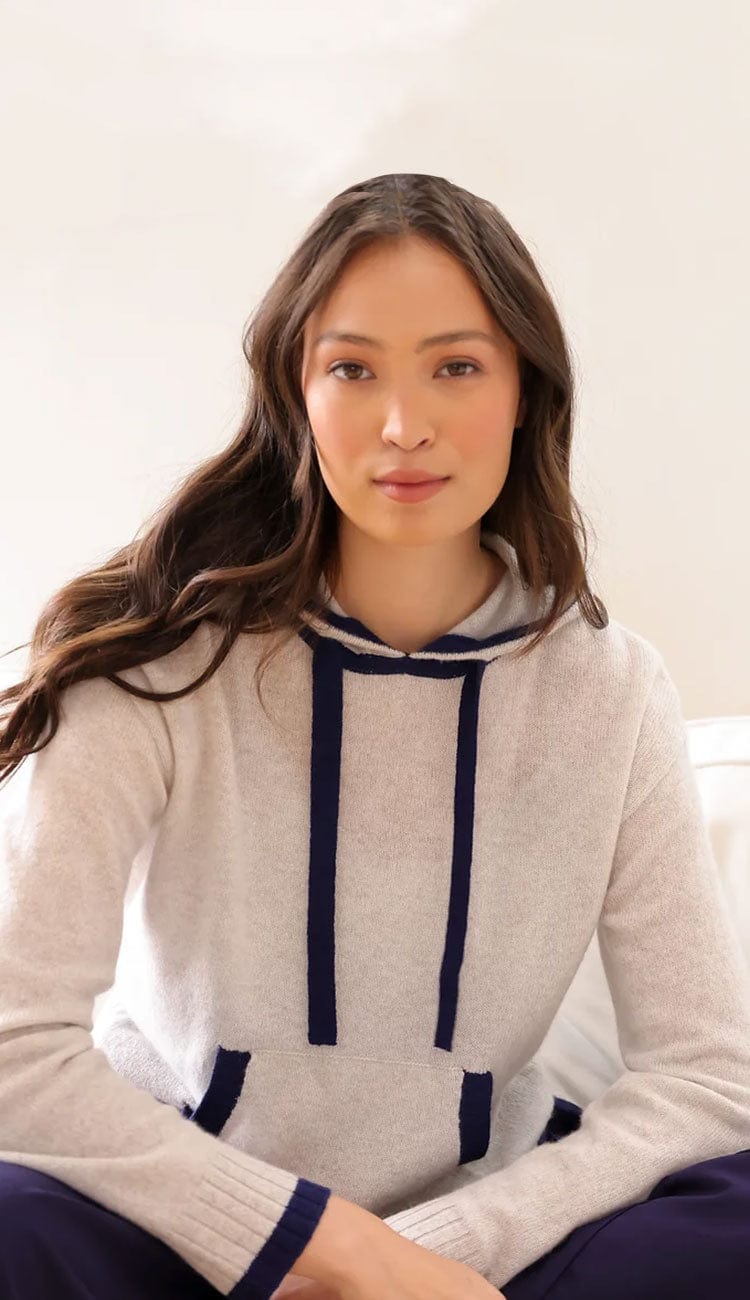 Piper Hoodie 100% Cashmere done in Latte, trimmed in Midnight Blue by Alashan Cashmere - Paula & Chlo