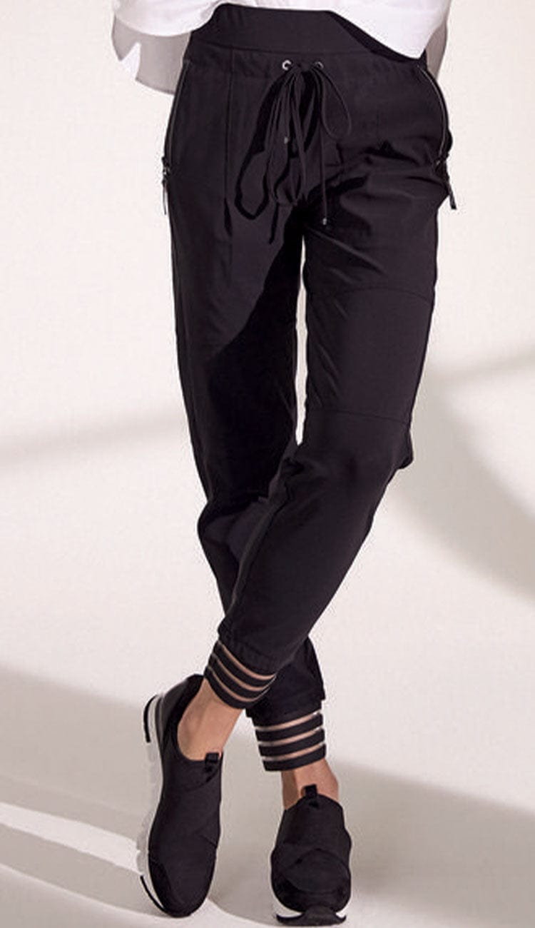 Raffaello Rossi Candy Pant Future in black, women’s slim jogger pant with drawstring waist, mesh ankle detail, and zip pockets