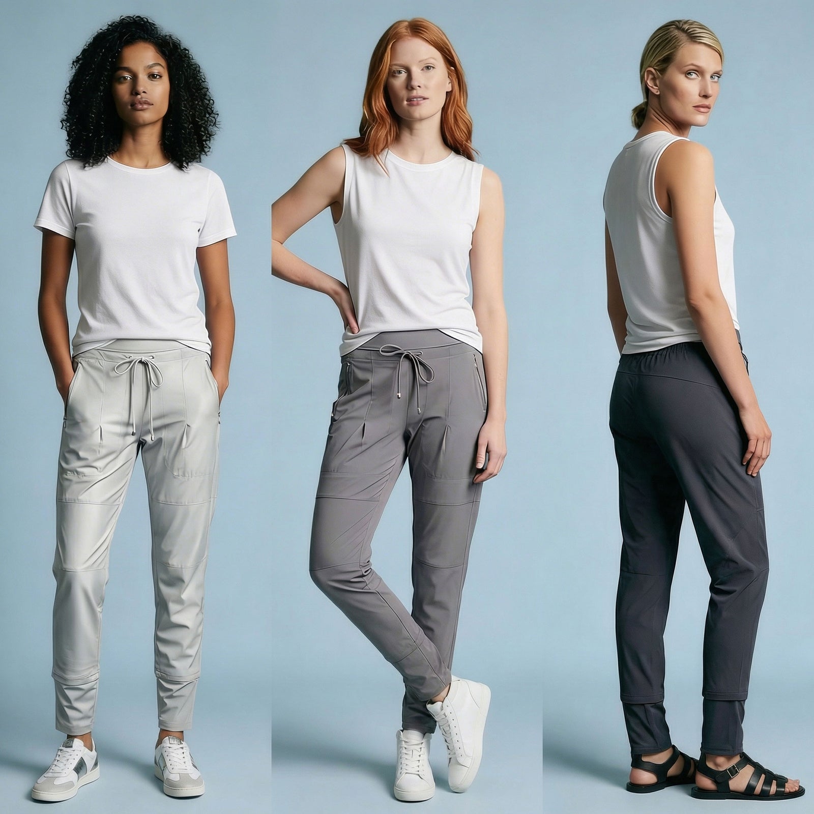 Three women wearing Raffaello Rossi Candy Pants in light, medium, and dark grey tones, styled with black tops