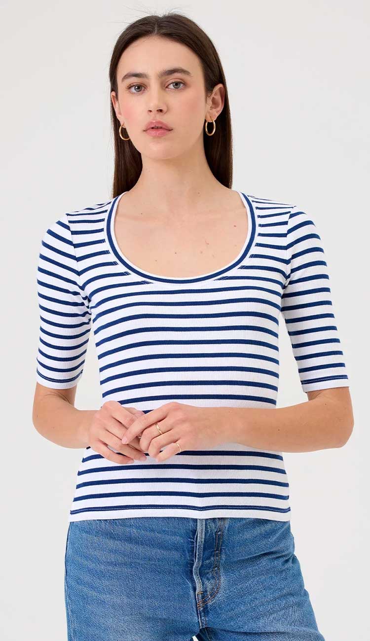 Goldie Rebecca Striped T-shirt in white and estate blue | Paula & Chlo