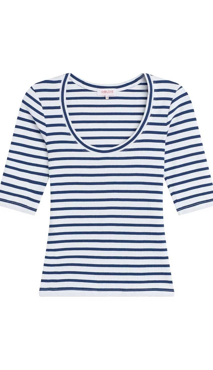 Goldie Rebecca Striped T-shirt in white and estate blue | Paula & Chlo Front view