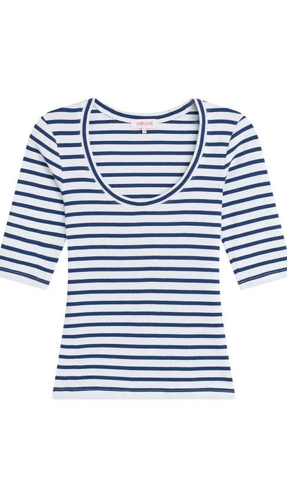 Goldie Rebecca Striped T-shirt in white and estate blue | Paula & Chlo Front view