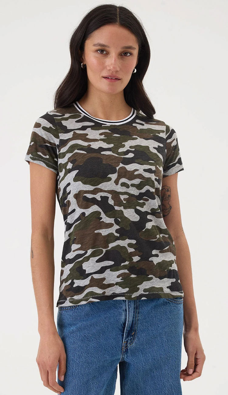 Person wearing a Goldie Rebel Ringer camouflage t-shirt and blue jeans on a white background