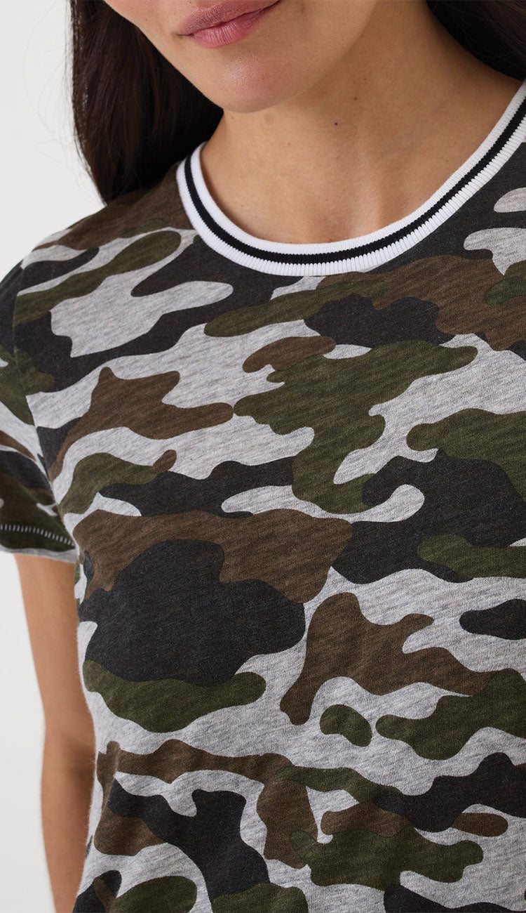 Goldie Camouflage-patterned t-shirt worn by a person on a white background