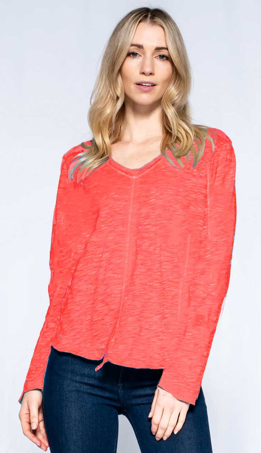 WILT - Scoop neck shifted hem long sleeve shirttail in poppy orange - Paula & Chlo