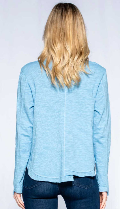 WILT - Scoop neck shifted hem long sleeve shirttail back view shown in cloud - Paula & Chlo