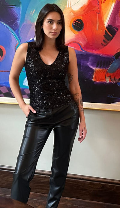 Generation Love Malone Sequin Top in black paired with faux leather pants at Paula & Chlo